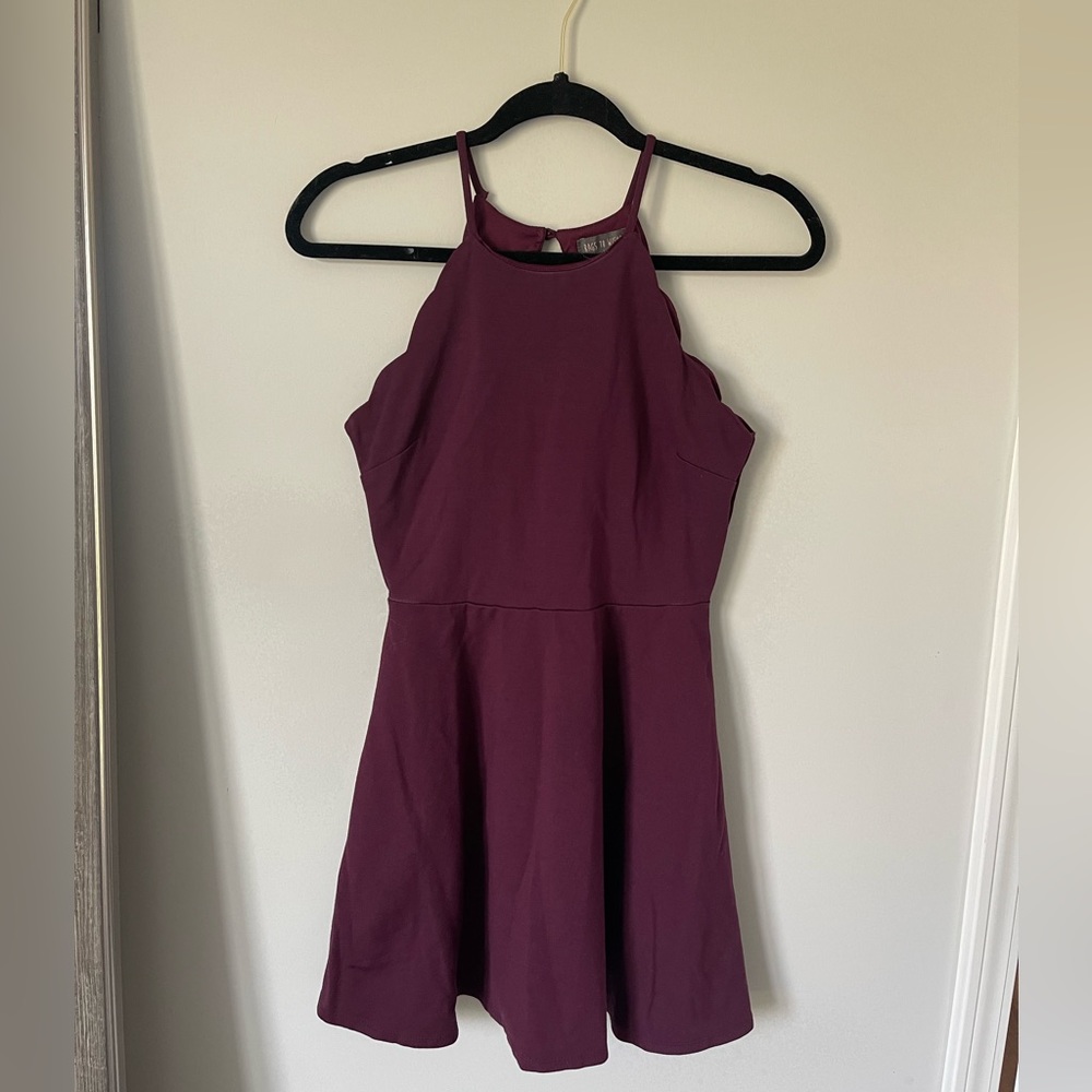 Maroon cocktail dress with scalloped detailing